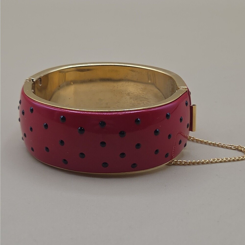 Vintage Enamel Clamper Bracelet Red Black Polka Dot Design 80's Bangle Chunky